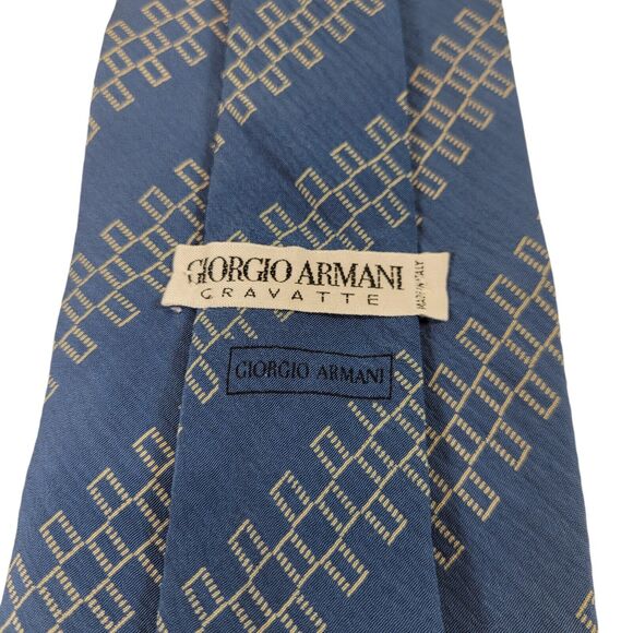 GIORGIO ARMANI Men's 100% Silk Necktie ITALY Designer Geometric Blue/Tan - Picture 6 of 7